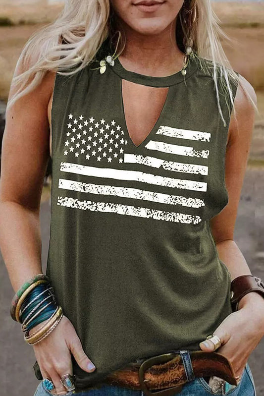 Green Cutout American Flag Print Tank Top Green 95%Polyester+5%Elastane Tank Tops JT's Designer Fashion