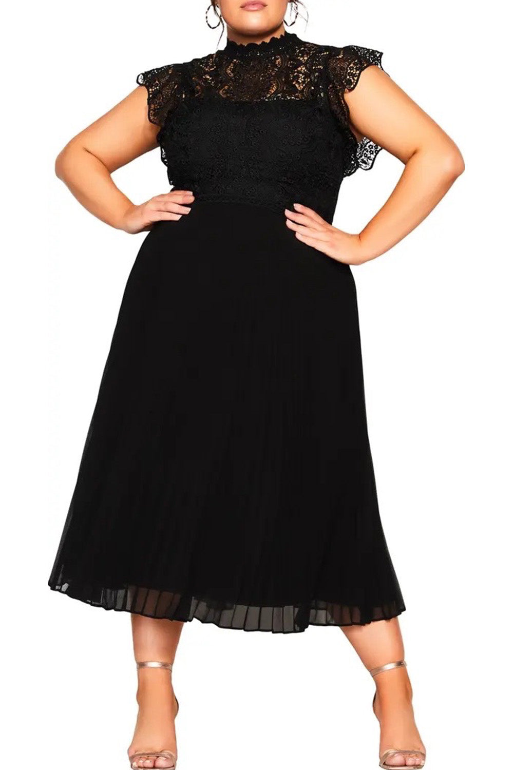 Black Plus Size Lace Bodice High Neck Flowy Pleated Dress Plus Size JT's Designer Fashion