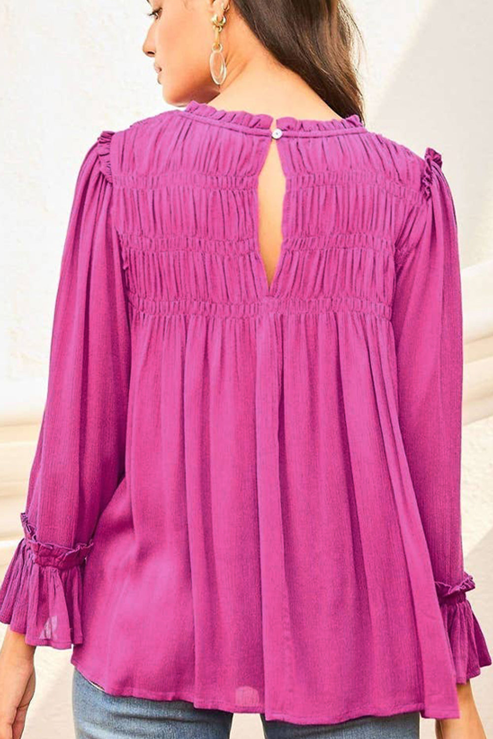 Bright Pink Shirred Button Keyhole Back Flounce Sleeve Blouse Blouses & Shirts JT's Designer Fashion