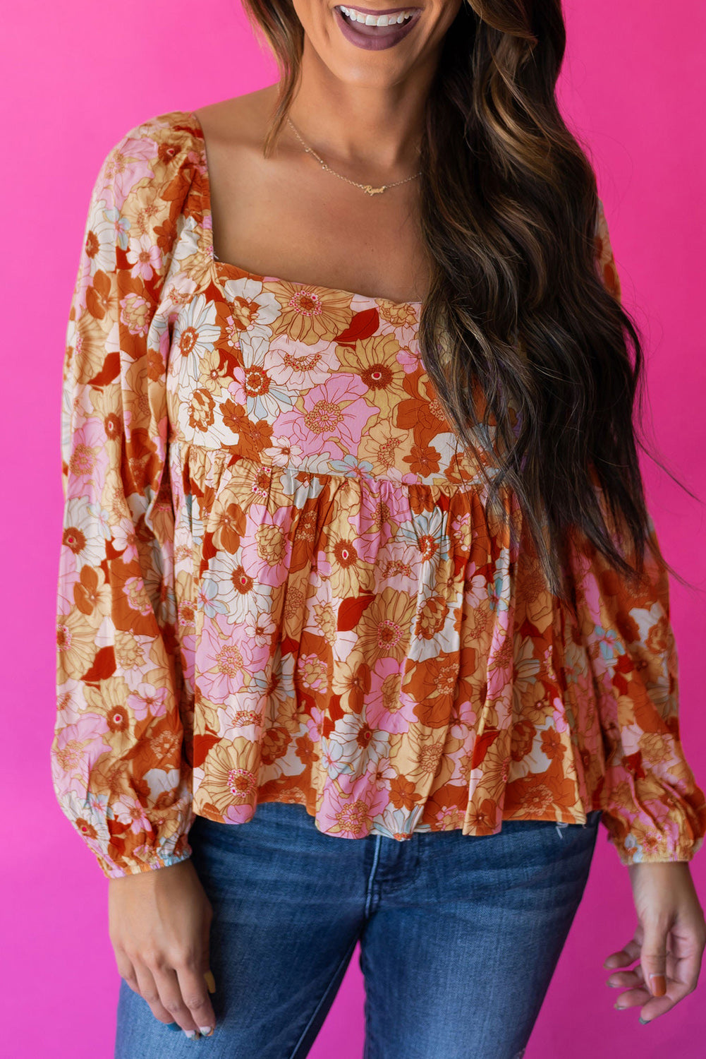 Orange Multicolor Floral Square Neck Puff Sleeve Babydoll Blouse Tops & Tees JT's Designer Fashion