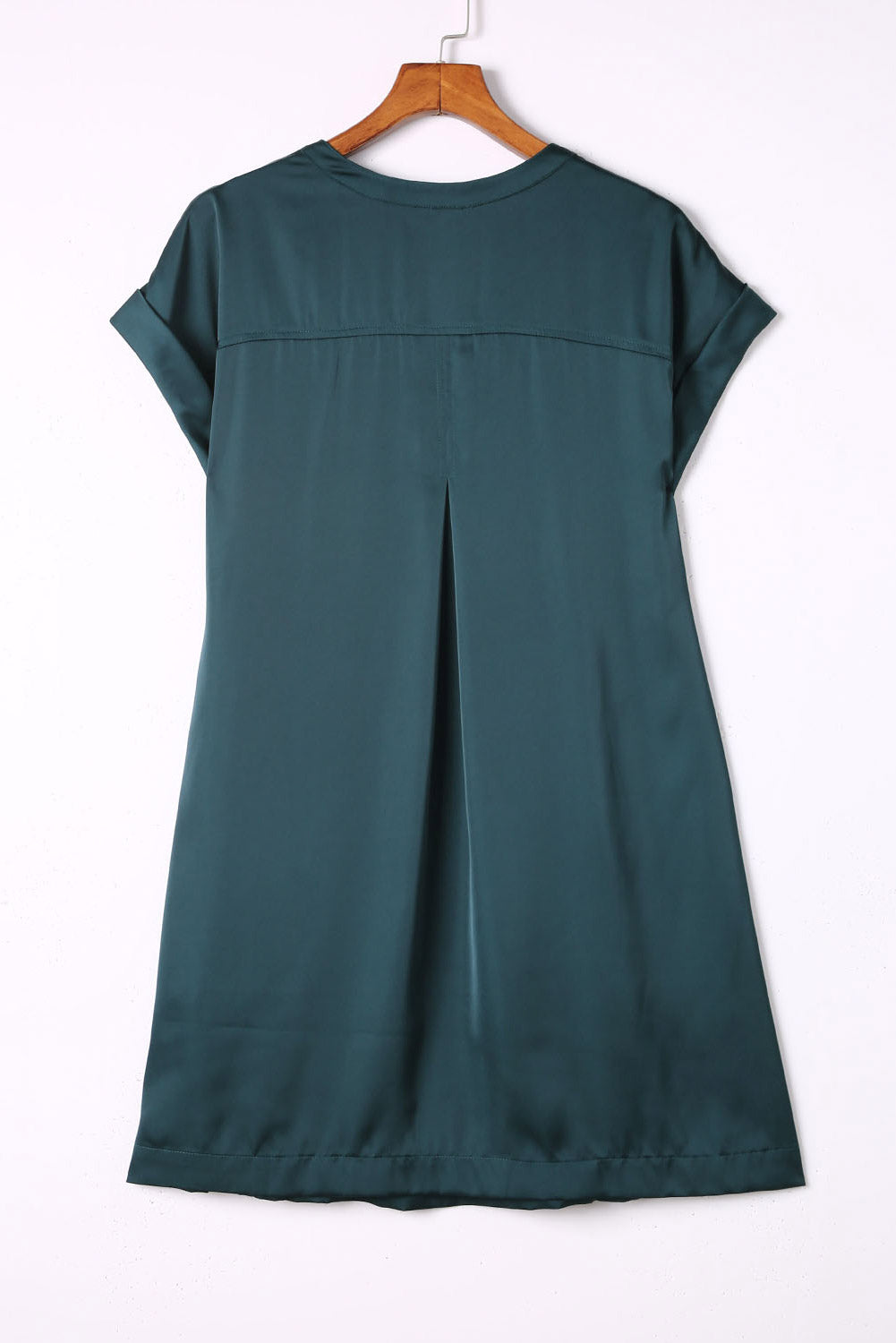 Green Notched Neckline Cuffed Short Sleeve Shift Dress Mini Dresses JT's Designer Fashion