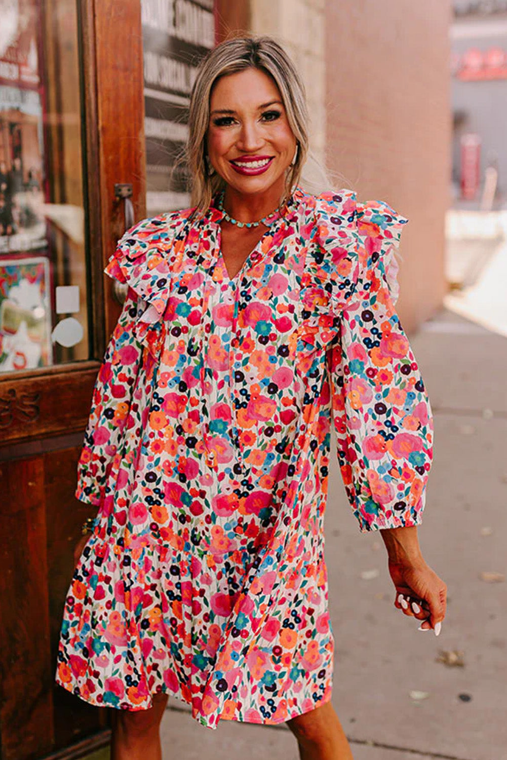 Multicolour Ruffle Split Neck Floral Long Sleeve Dress Floral Dresses JT's Designer Fashion