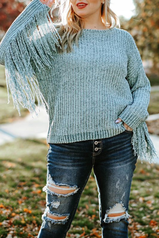 Gray Plus Size Fringed Long Sleeve Knit Sweater Plus Size Tops JT's Designer Fashion