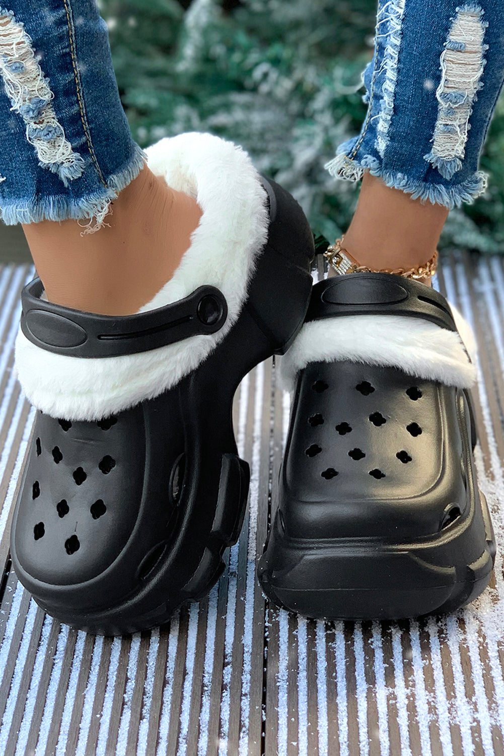 Black Plush Lining Winter Hollowed Clogs Slippers JT's Designer Fashion