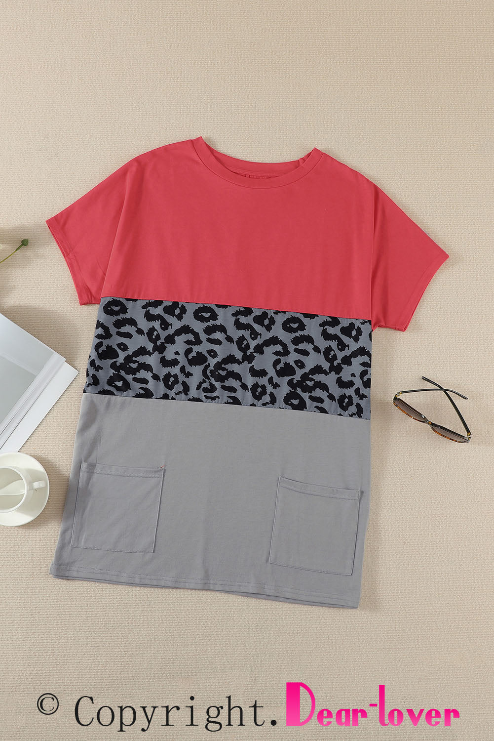 Red Triple Colorblock Splicing Short Sleeve Mini Dress with Pockets T Shirt Dresses JT's Designer Fashion