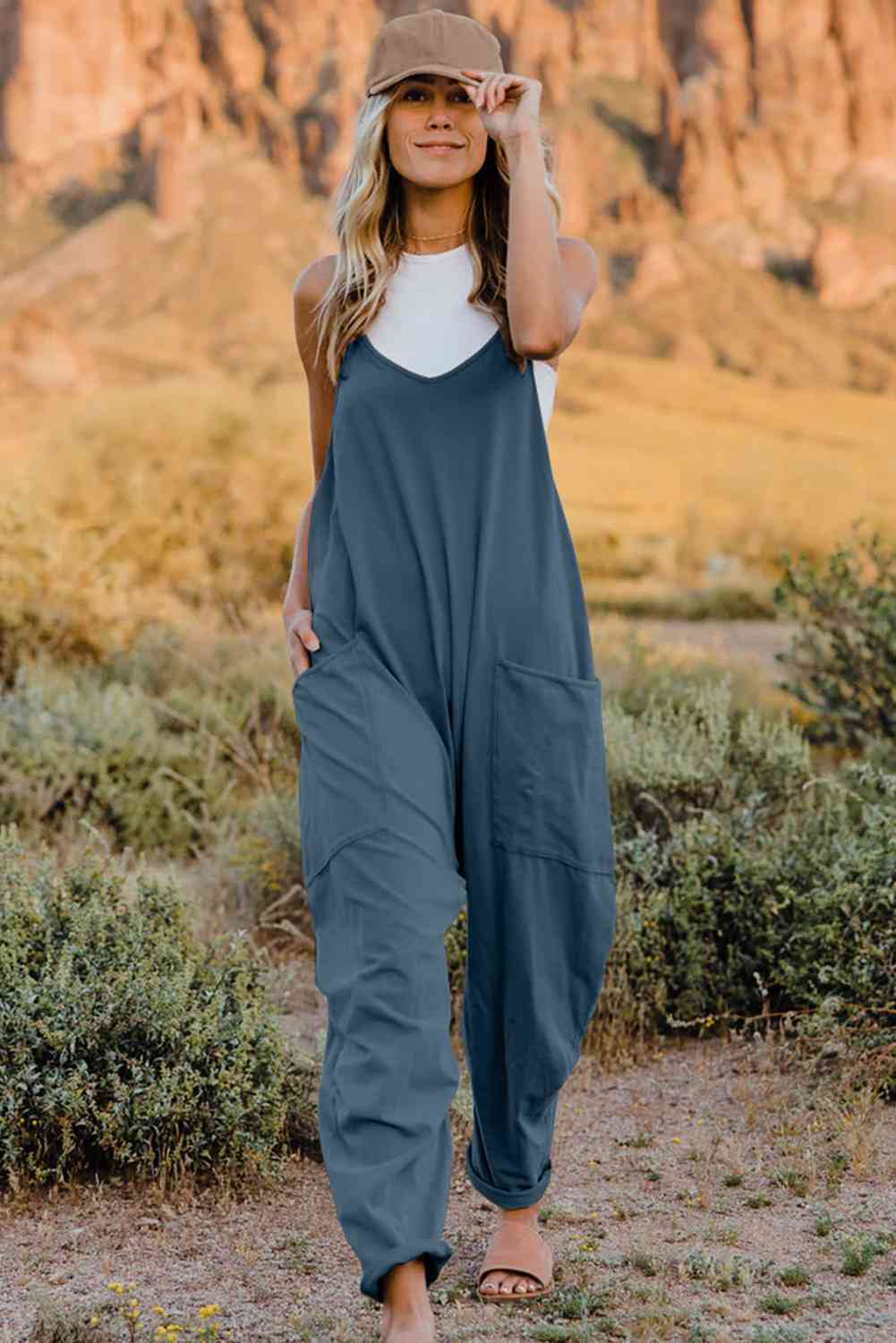 Double Take V-Neck Sleeveless Jumpsuit with Pocket Peacock Blue Jumpsuits & Rompers JT's Designer Fashion