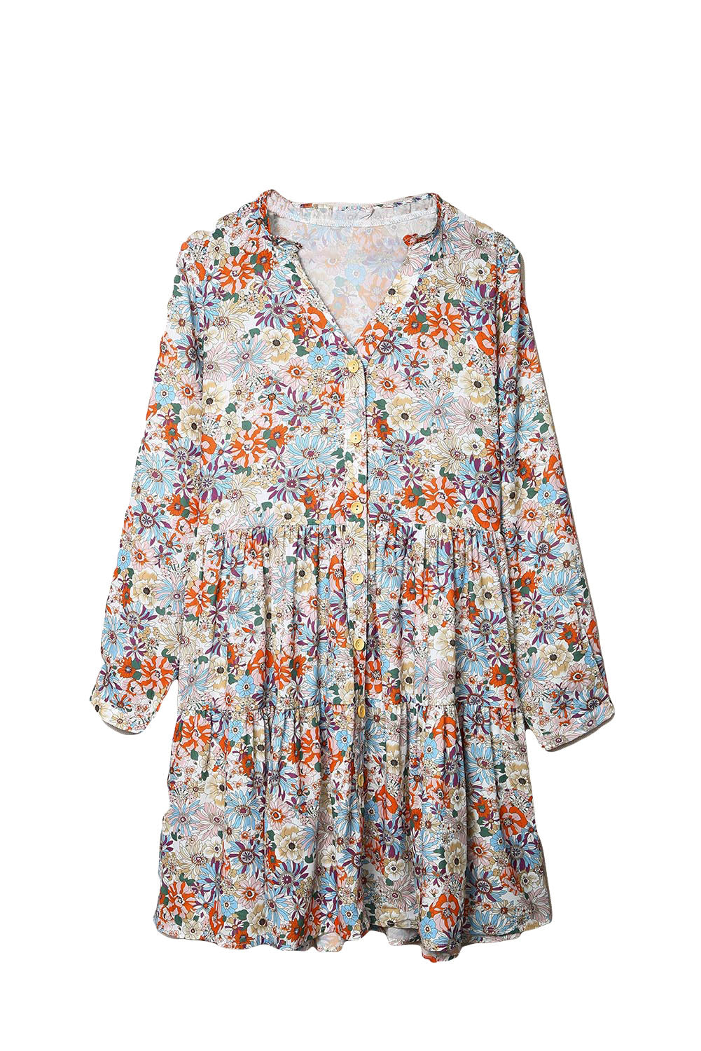 Multicolor Split Neck Buttons Front Shirt Floral Dress Floral Dresses JT's Designer Fashion