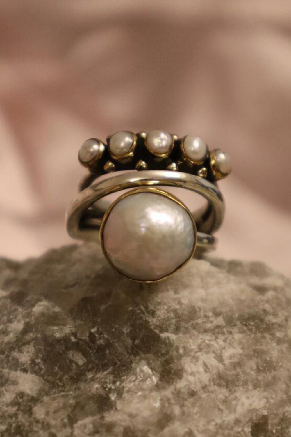 Silver Vintage Pearl Inlay Opening Ring Jewelry JT's Designer Fashion