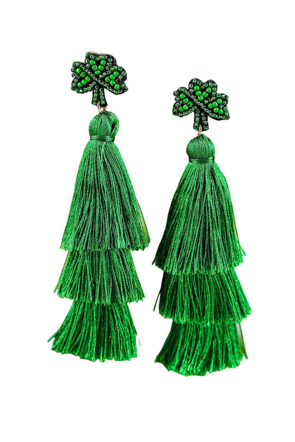 Green St. Patricks Day Beaded Layered Tassel Earrings Jewelry JT's Designer Fashion