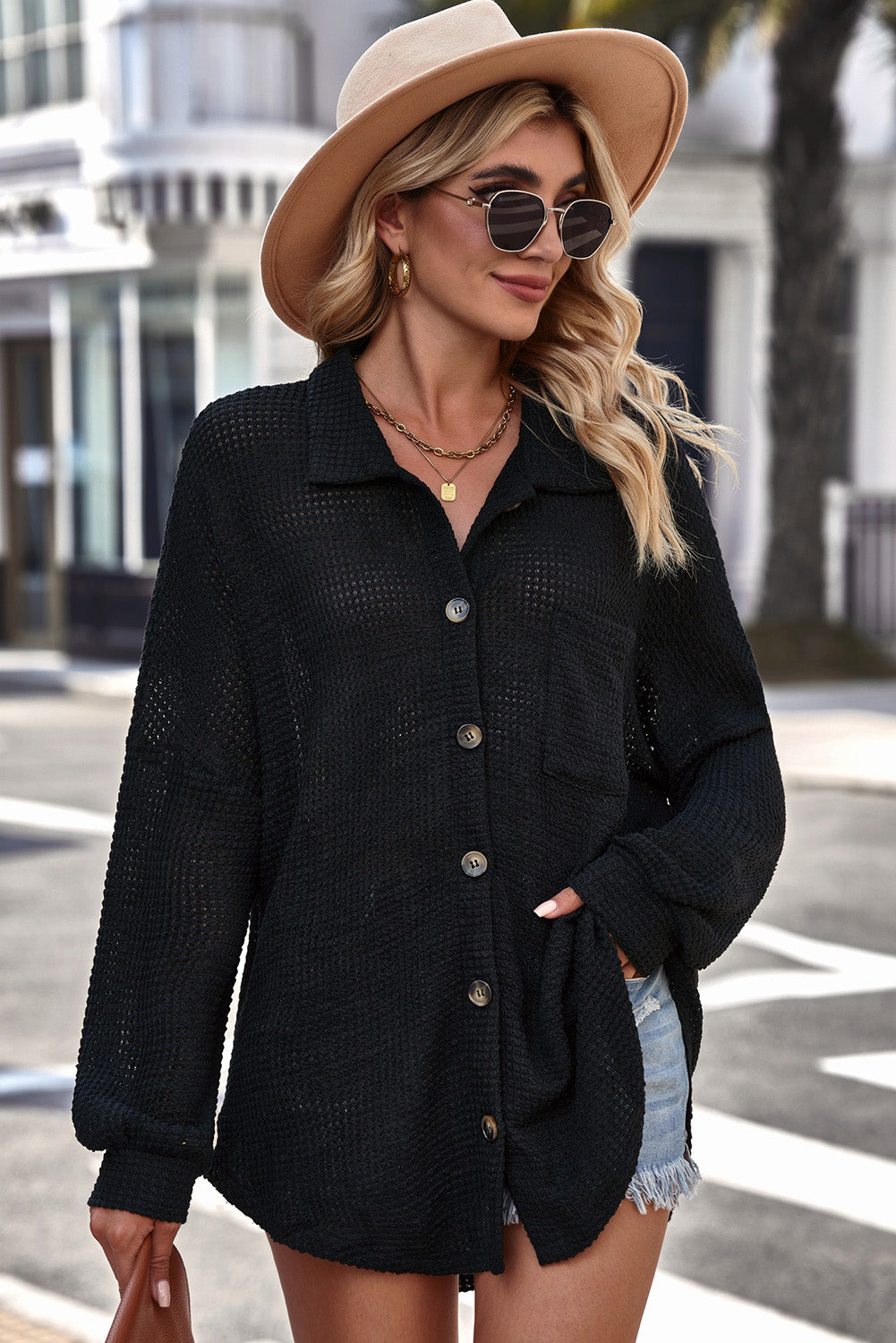 Black Waffle Knit Button Up Casual Shirt Tops & Tees JT's Designer Fashion