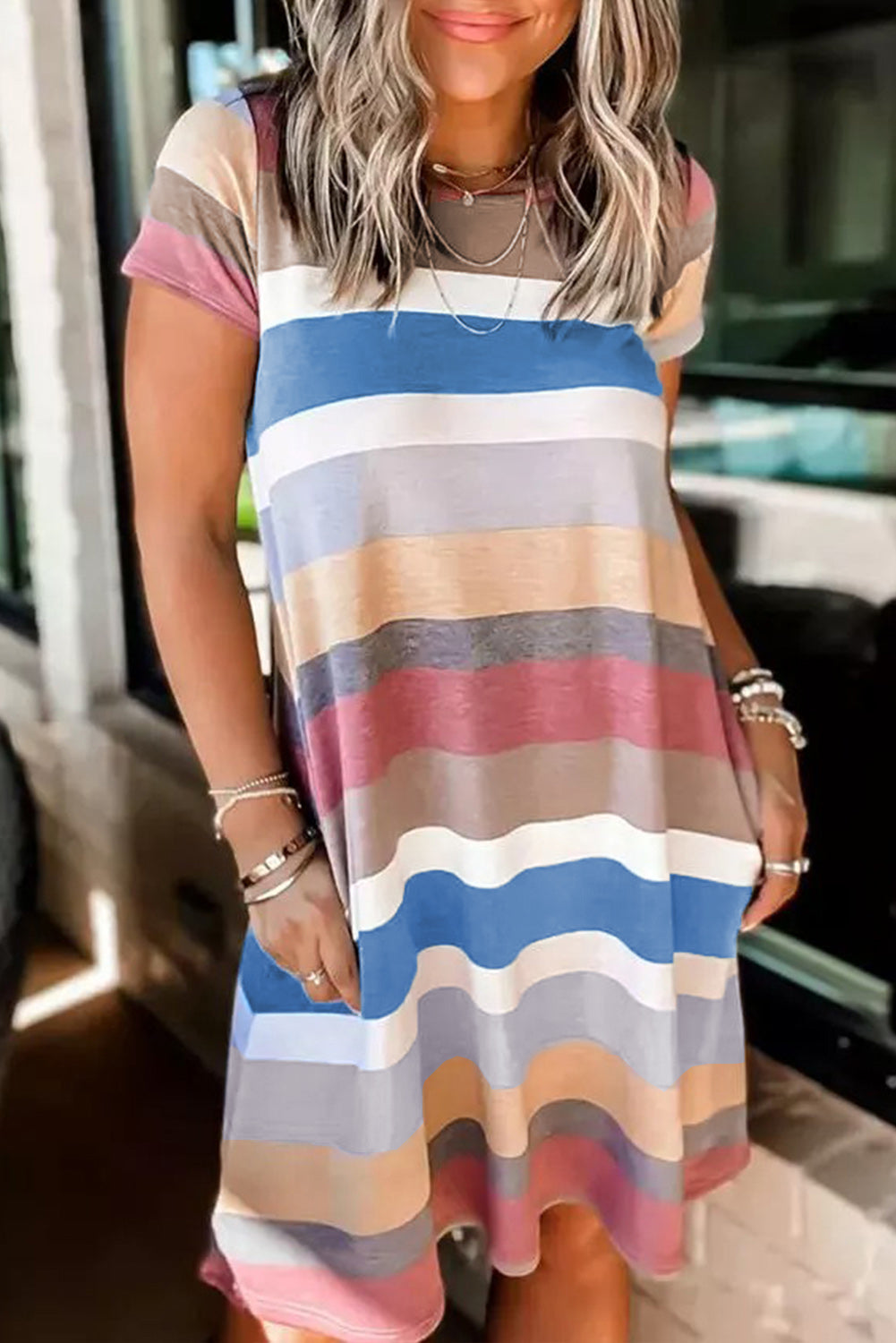 Multicolor Striped Pocket T Shirt Dress T Shirt Dresses JT's Designer Fashion