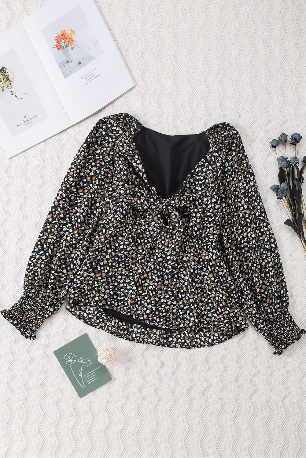 Black Floral Print Front Tie Ruffled Long Sleeve Blouse Blouses & Shirts JT's Designer Fashion