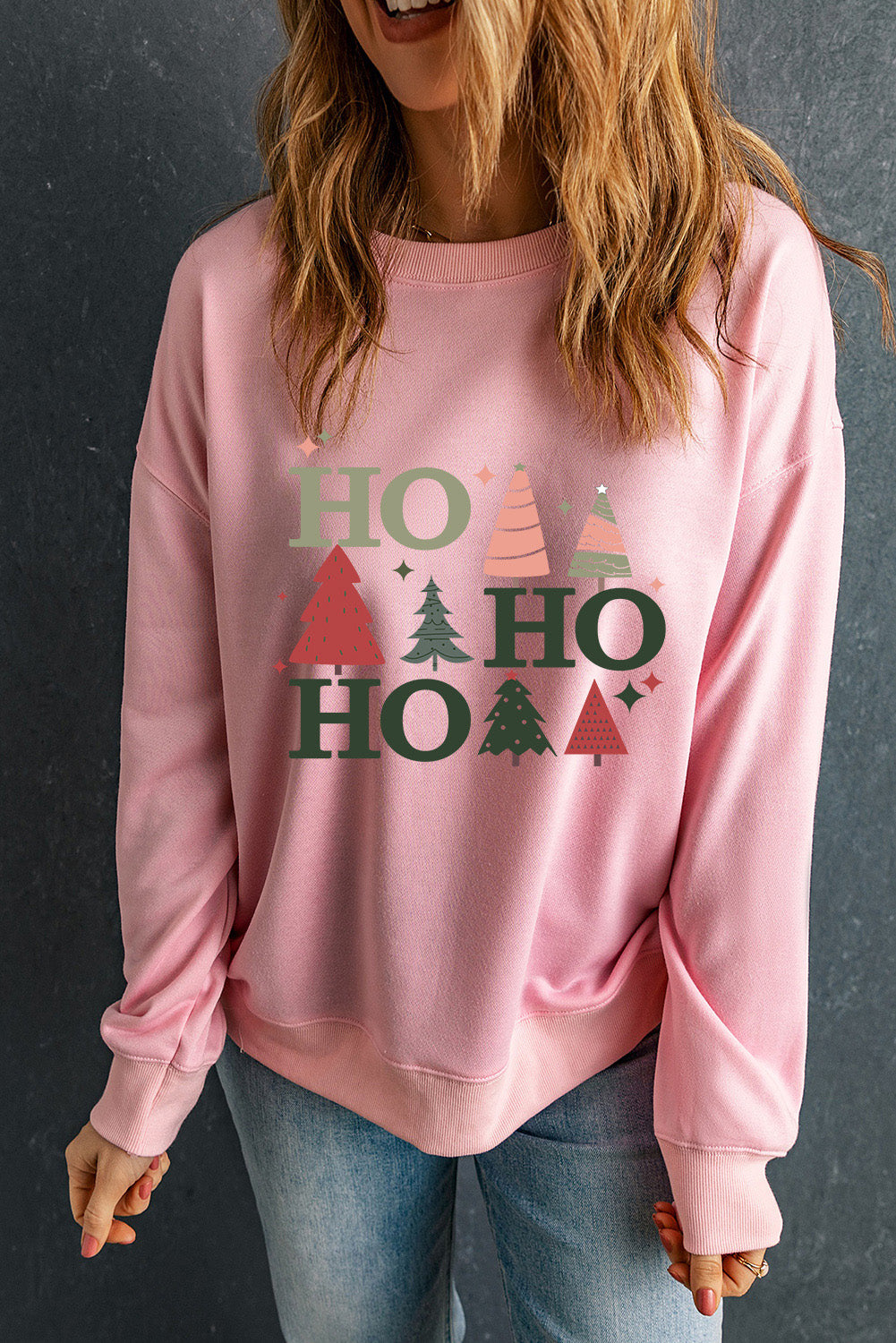 Pink Christmas Tree HO Graphic Pullover Sweatshirt Graphic Sweatshirts JT's Designer Fashion