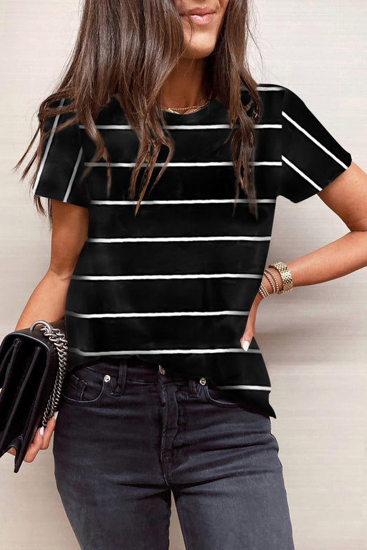 Black Round Neck Striped Print T-shirt Tops & Tees JT's Designer Fashion