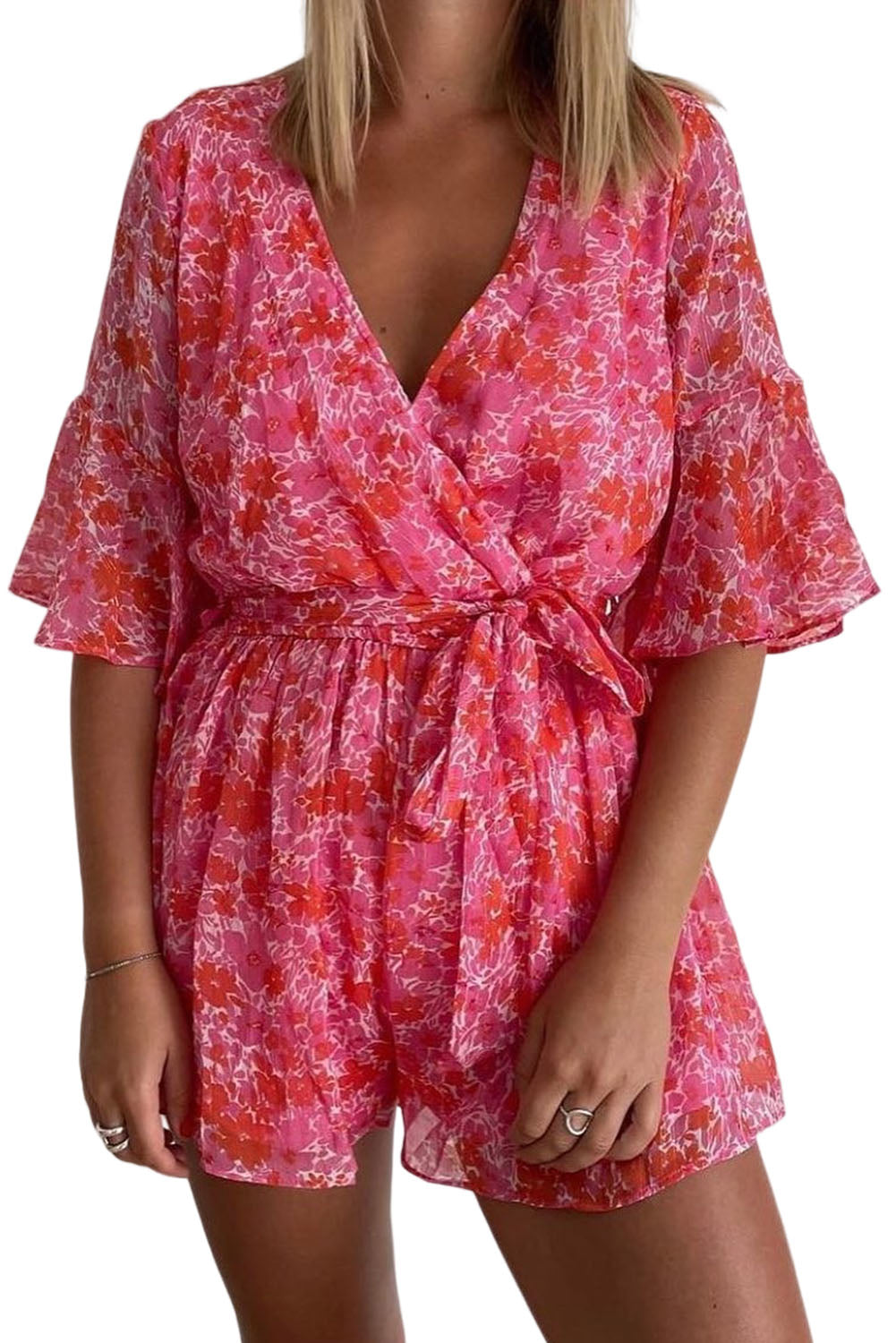 Pink V Neck Ruffled Sleeve Floral Romper Jumpsuits & Rompers JT's Designer Fashion