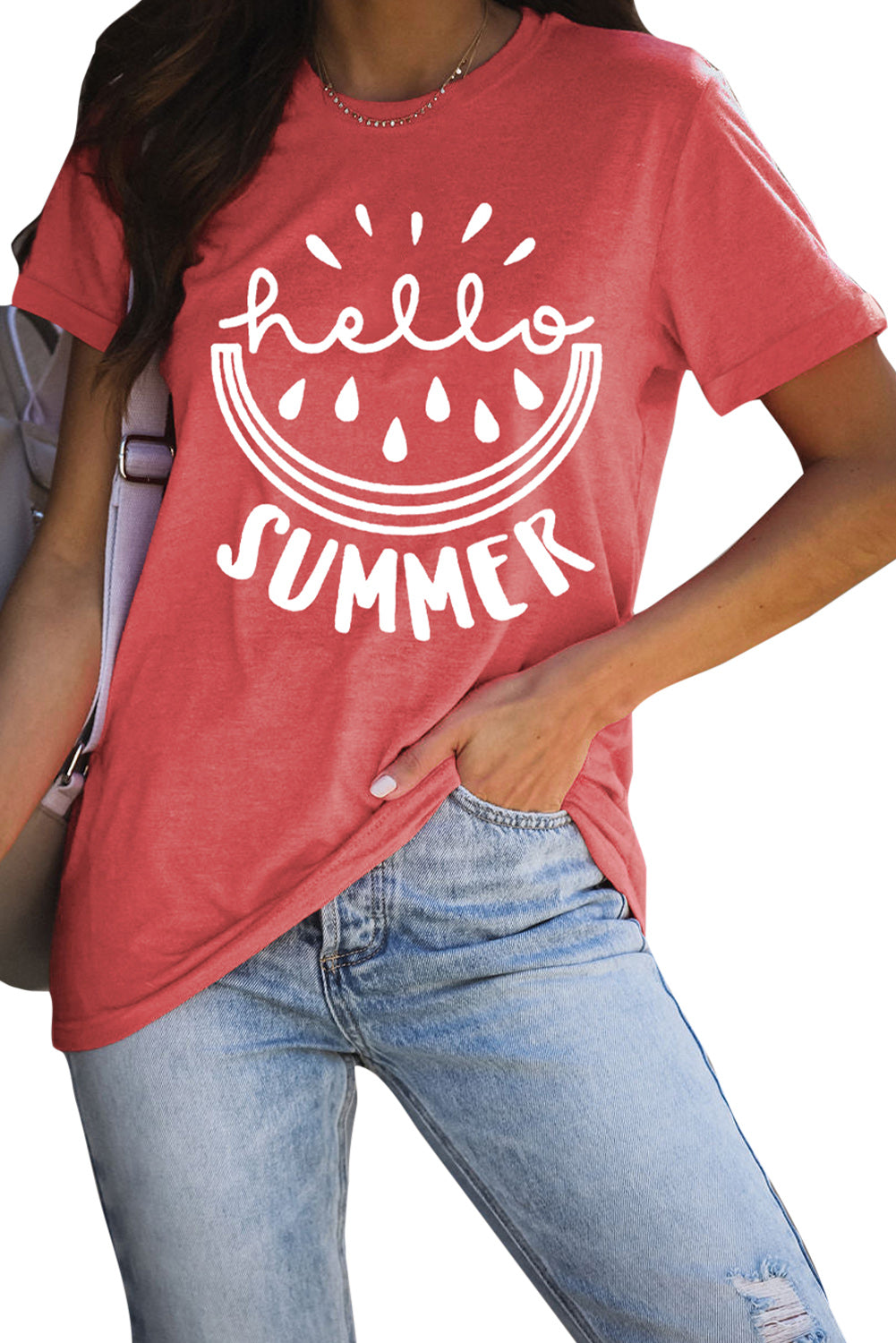 Red Hello Summer Print Crew Neck T Shirt Graphic Tees JT's Designer Fashion