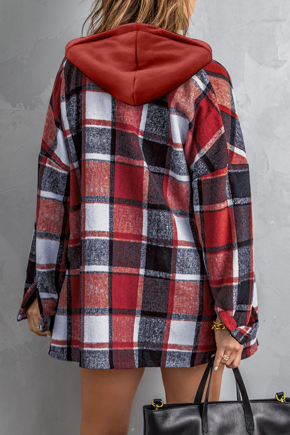 Red Printed Contrast Hooded Plus Size Plaid Jacket Plus Size JT's Designer Fashion