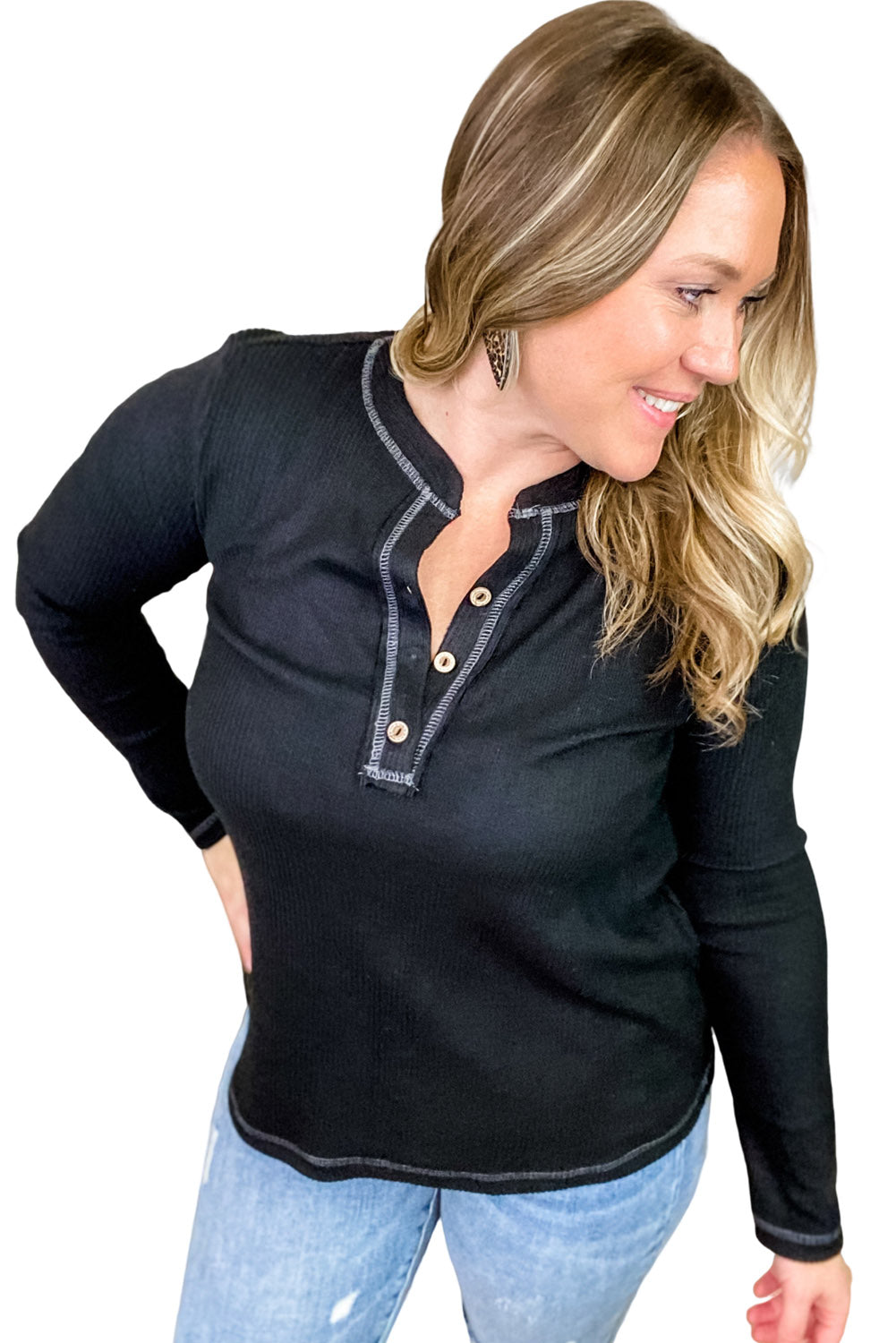 Black Plus Size Contrasting Topstitch Ribbed Henley Top Plus Size JT's Designer Fashion