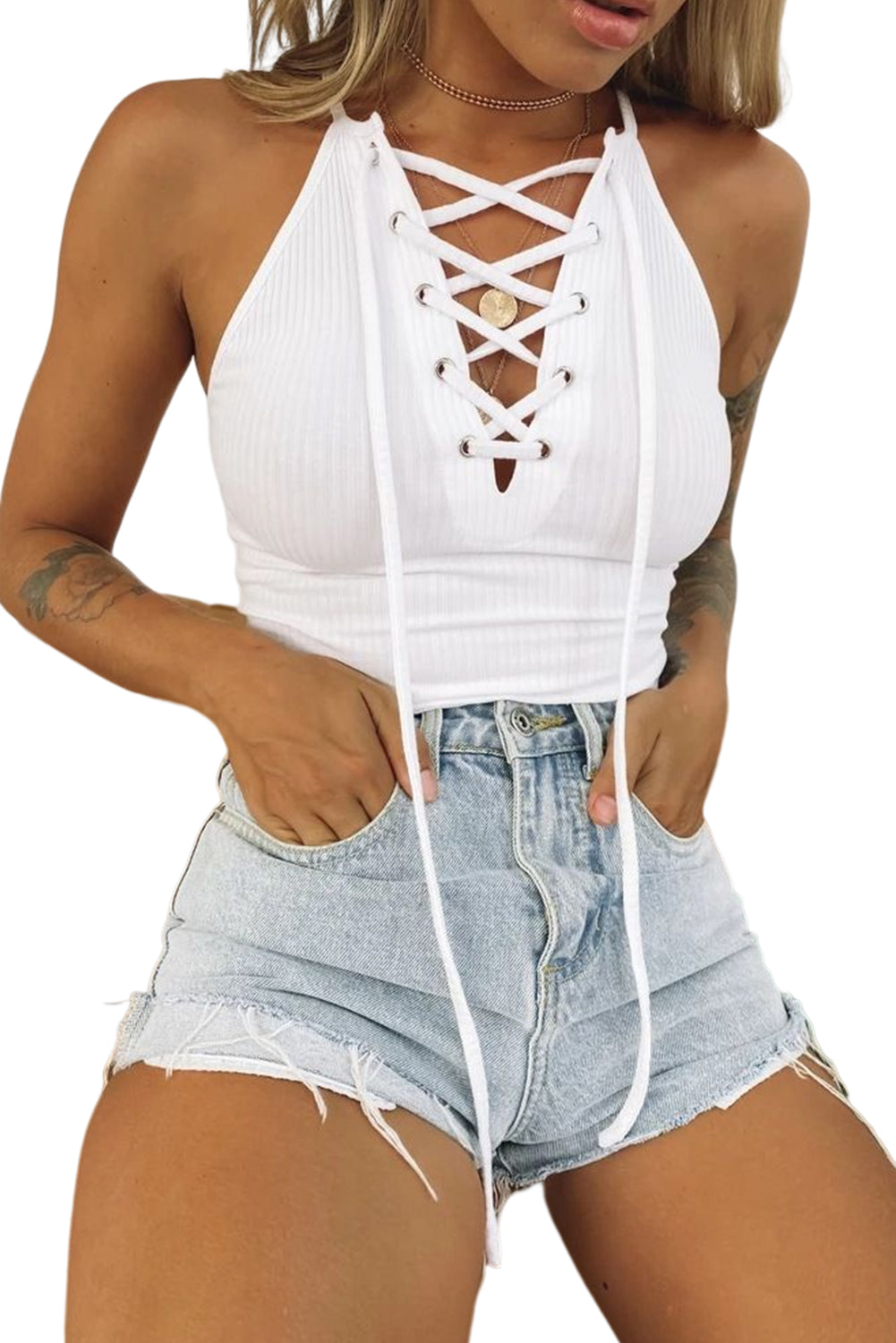 White Ribbed Lace-up Slim Fit Tank Top Tank Tops JT's Designer Fashion