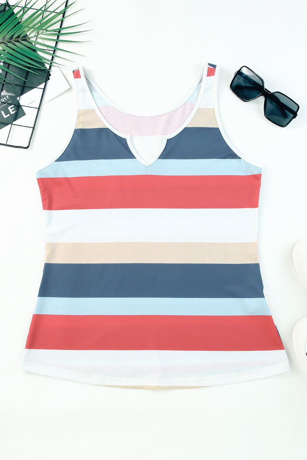 Multicolor Striped Color Block Notched Neck Tank Top Tank Tops JT's Designer Fashion