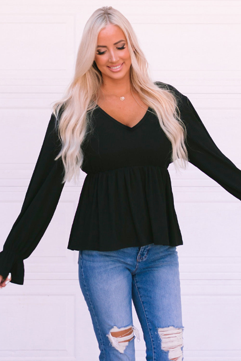 Black Pleated Ruffled V Neck Babydoll Top Long Sleeve Tops JT's Designer Fashion