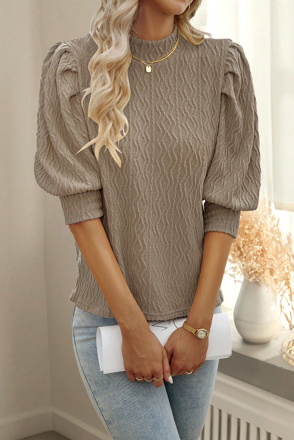 Simply Taupe Vintage Textured Puff Sleeve Mock Neck Top Tops & Tees JT's Designer Fashion