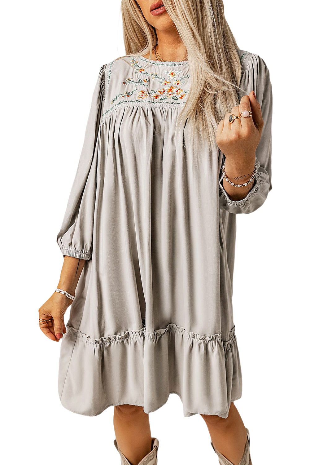 Gray Floral Embroidered Long Sleeve Babydoll Mini Dress Mini Dresses JT's Designer Fashion