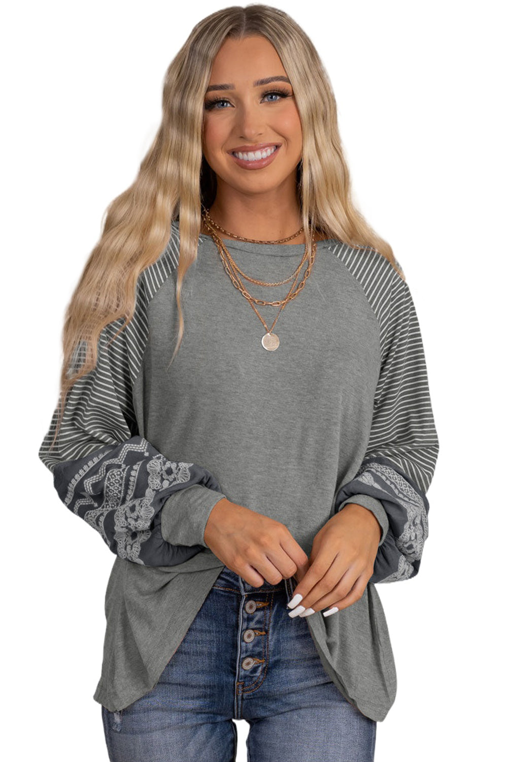 Medium Grey Floral Striped Patchwork Loose Long Sleeve Top Tops & Tees JT's Designer Fashion