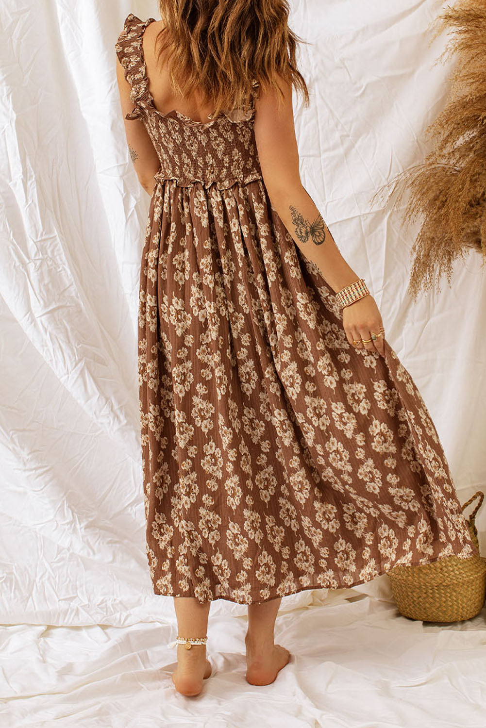 Brown Ruffled Straps Smocked Floral Maxi Dress Floral Dresses JT's Designer Fashion