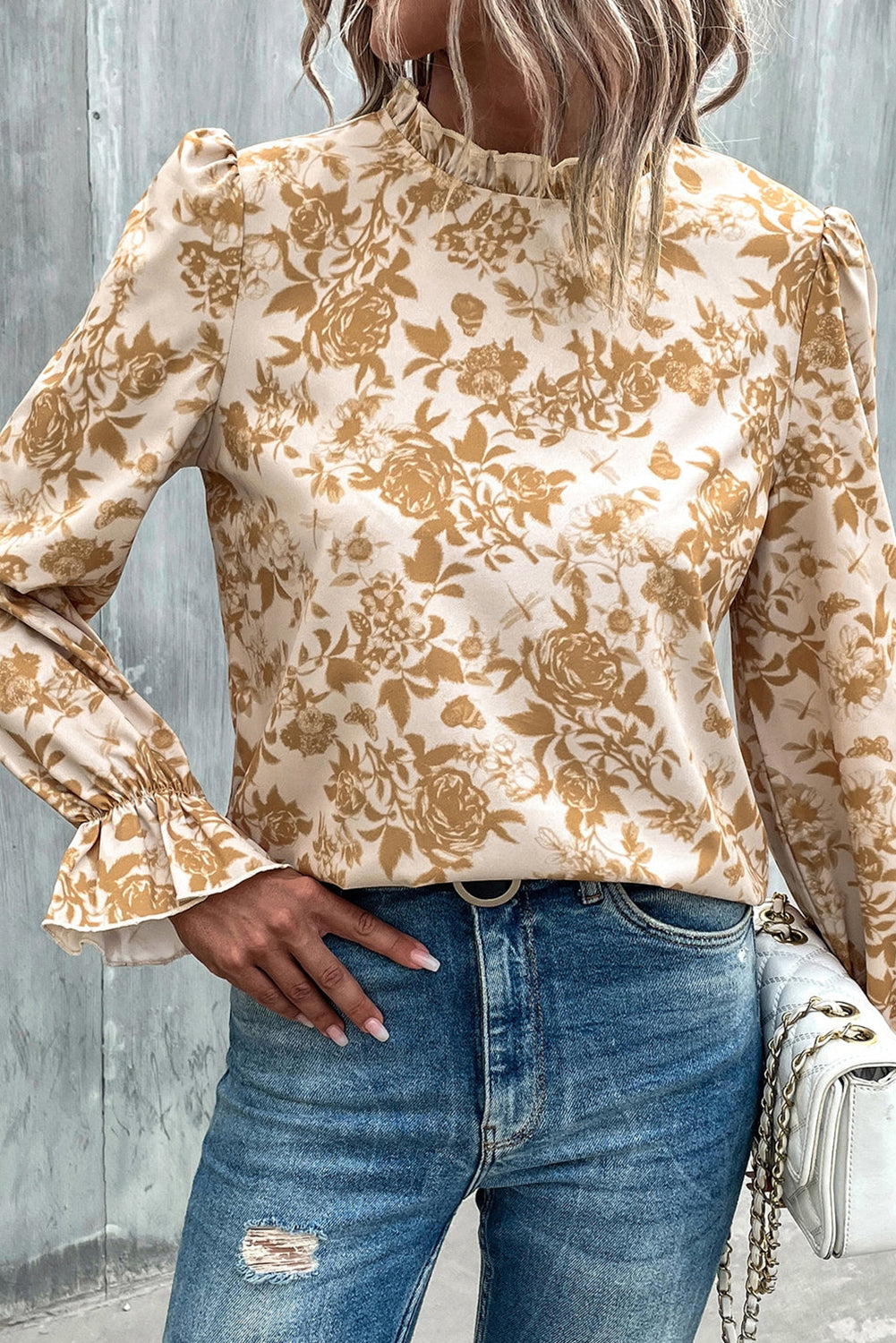 Snow White Floral Print Frilled Neckline Flounce Sleeve Blouse Tops & Tees JT's Designer Fashion