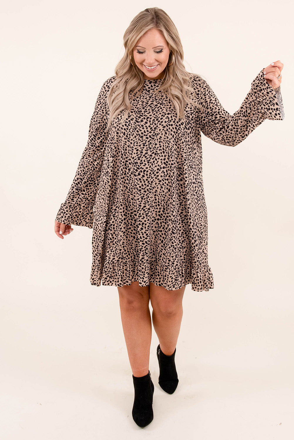 Leopard Ruffle Long Sleeve Plus Size Mini Dress Plus Size JT's Designer Fashion