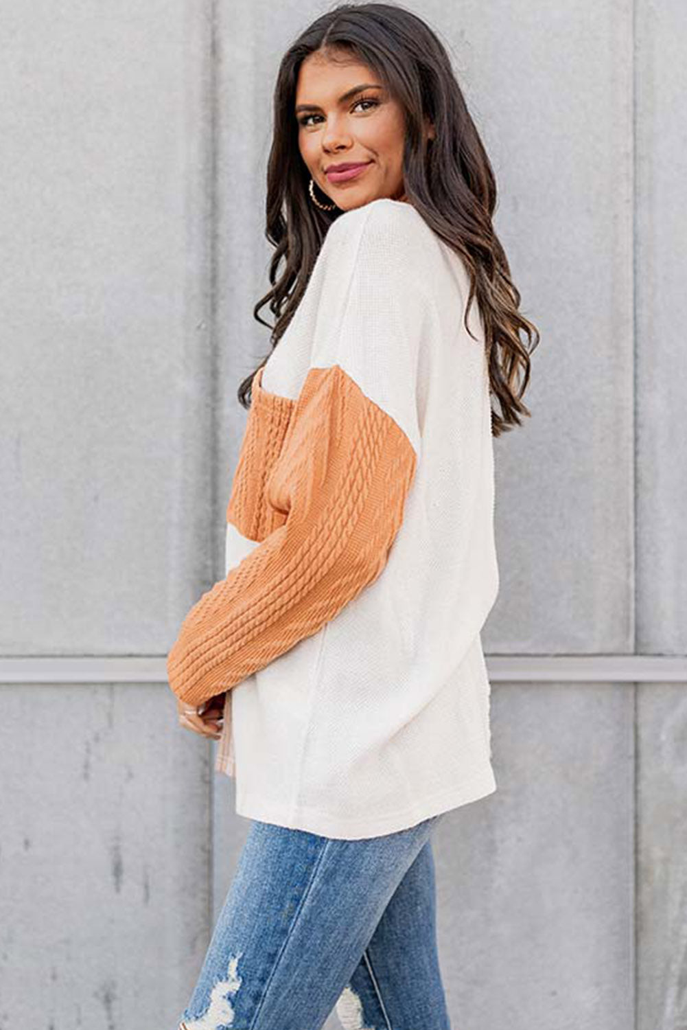 Orange Long Sleeve Colorblock Chest Pocket Textured Knit Top Tops & Tees JT's Designer Fashion