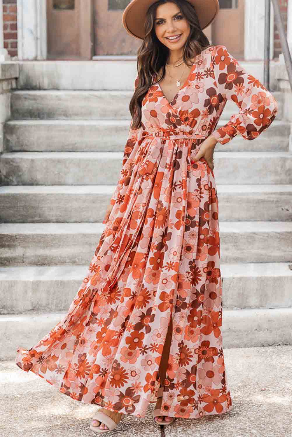 Orange Floral V-Neck Long Sleeve Belted Maxi Dress Dresses JT's Designer Fashion