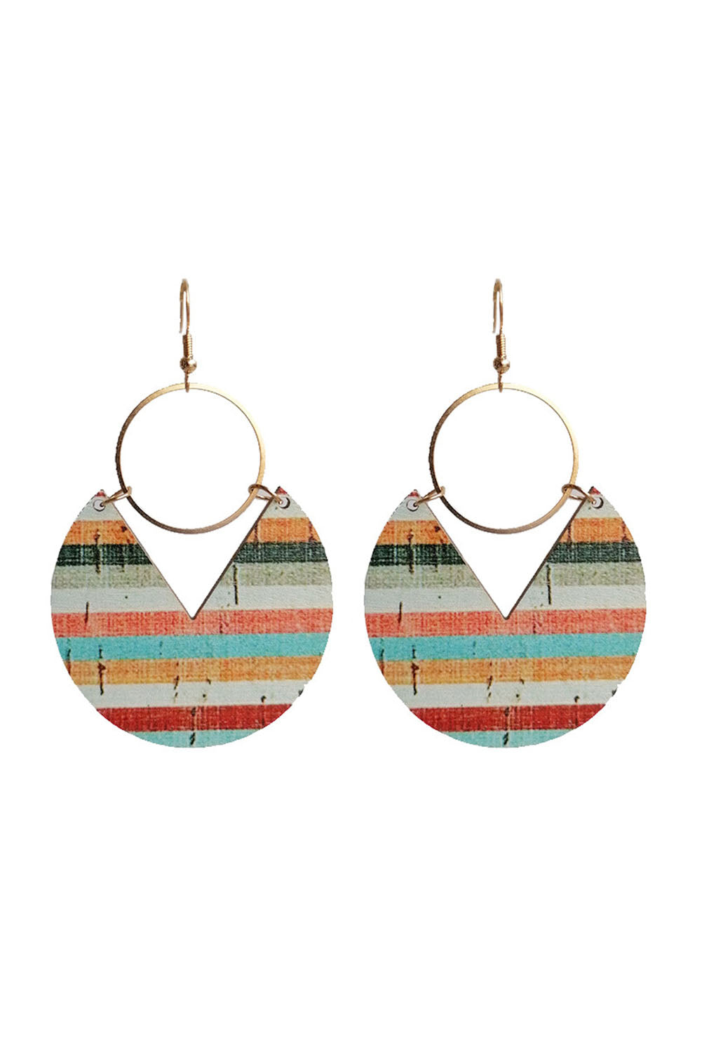 Multicolor Rainbow Stripe Pattern Notch Round Wooden Pendant Earrings Jewelry JT's Designer Fashion