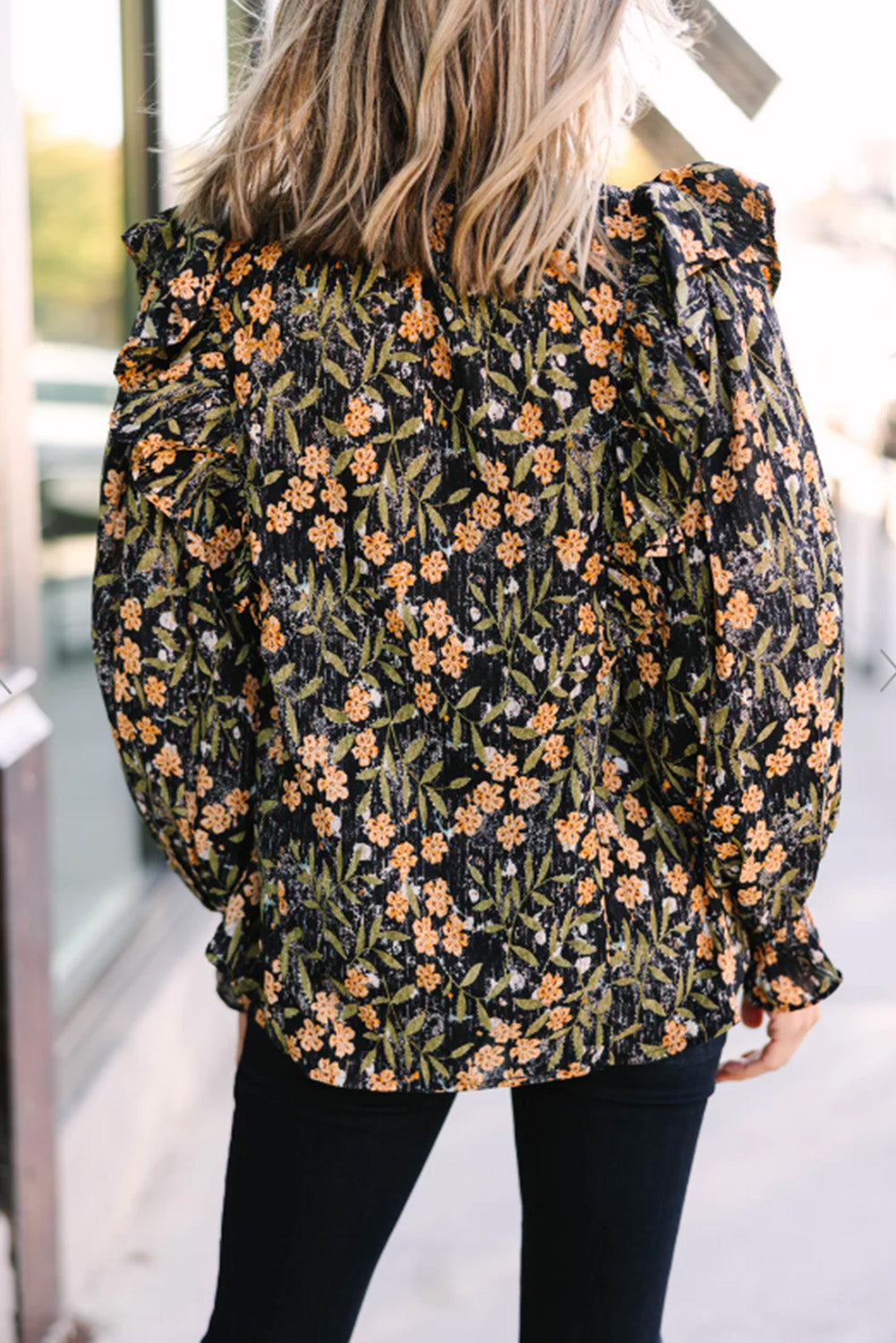 Black Plus Size Split Neck Ruffled Bubble Sleeve Floral Blouse Blouses & Shirts JT's Designer Fashion