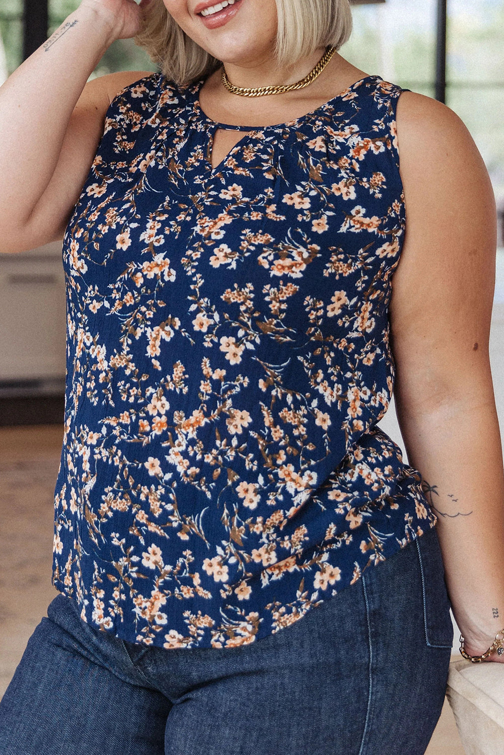 Blue Floral Keyhole Round Neck Plus Size Tank Top Plus Size JT's Designer Fashion