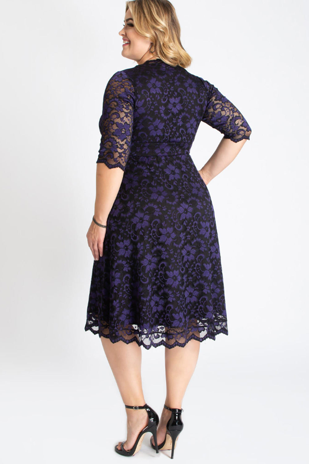 Blue Plus Size Half Sleeve Lined Lace Midi Dress Plus Size Dresses JT's Designer Fashion
