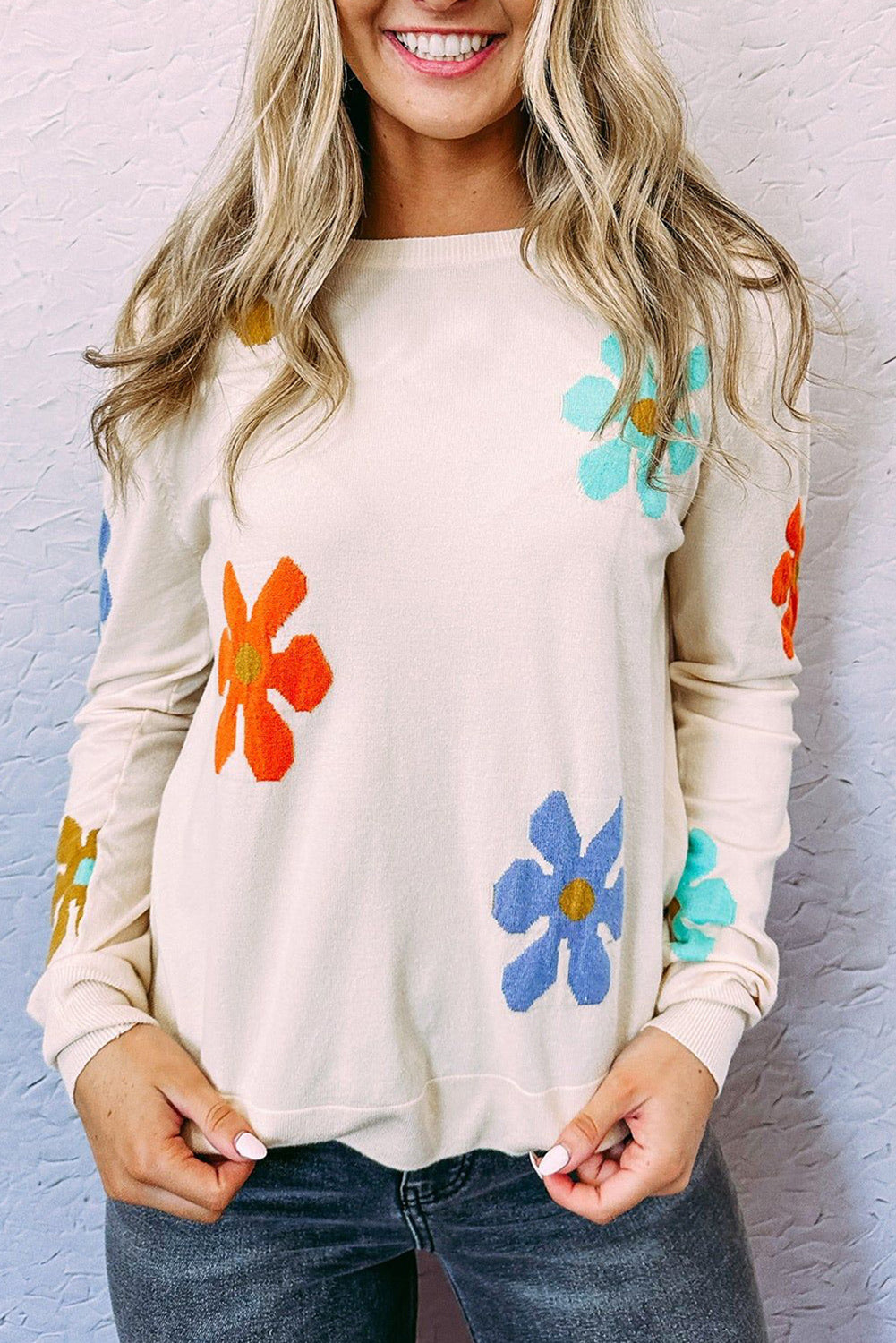 White Sweet Floral Pullover Sweater Pre Order Sweaters & Cardigans JT's Designer Fashion