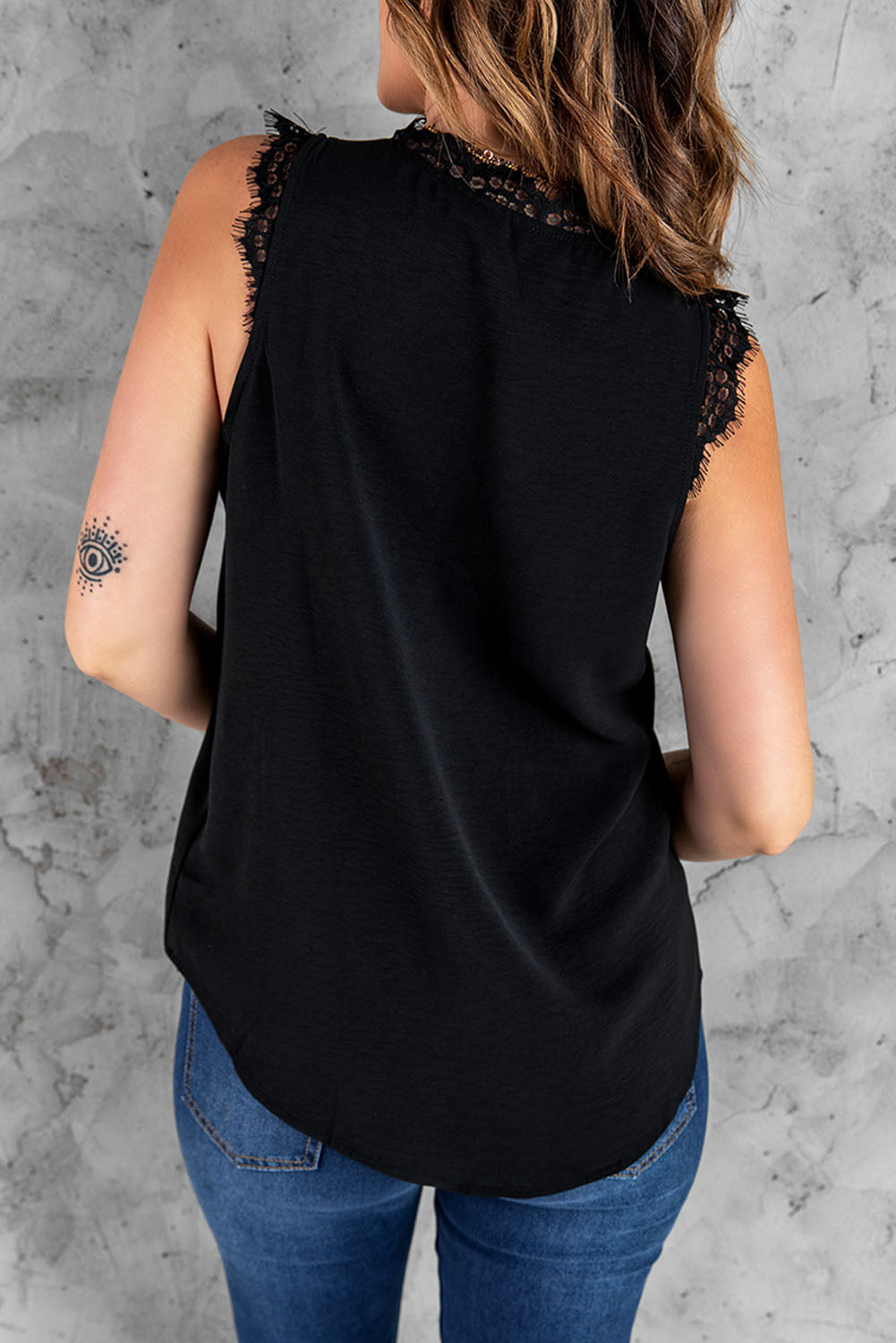 Black Sleeveless Eyelash Lace V Neck Tank Top Tank Tops JT's Designer Fashion