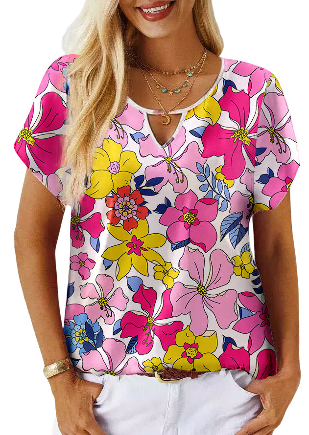 Multicolor Floral Print Cut out Short Sleeve Top Tops & Tees JT's Designer Fashion