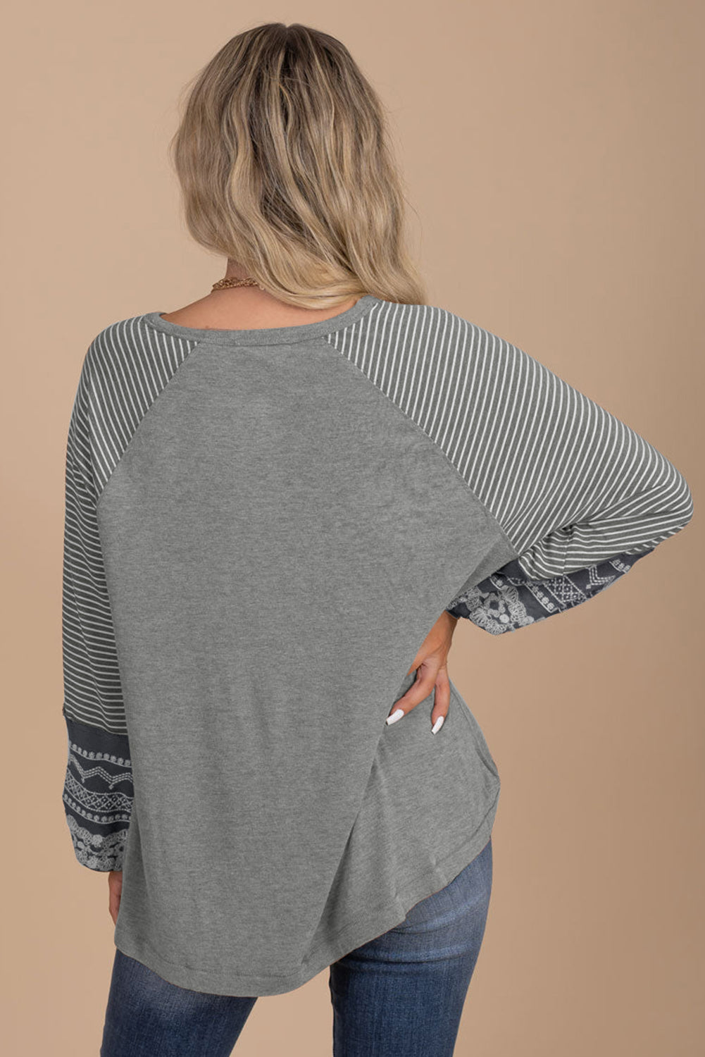 Medium Grey Floral Striped Patchwork Loose Long Sleeve Top Tops & Tees JT's Designer Fashion