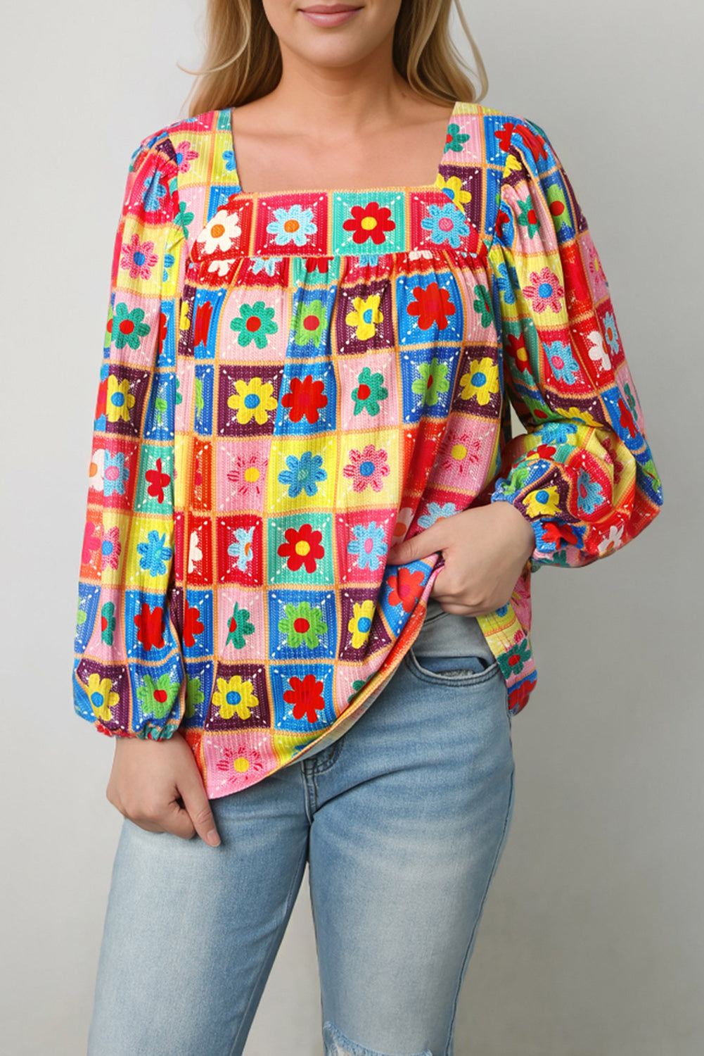 Multicolor Floral Crochet Square Neck Puff Sleeve Blouse Blouses & Shirts JT's Designer Fashion