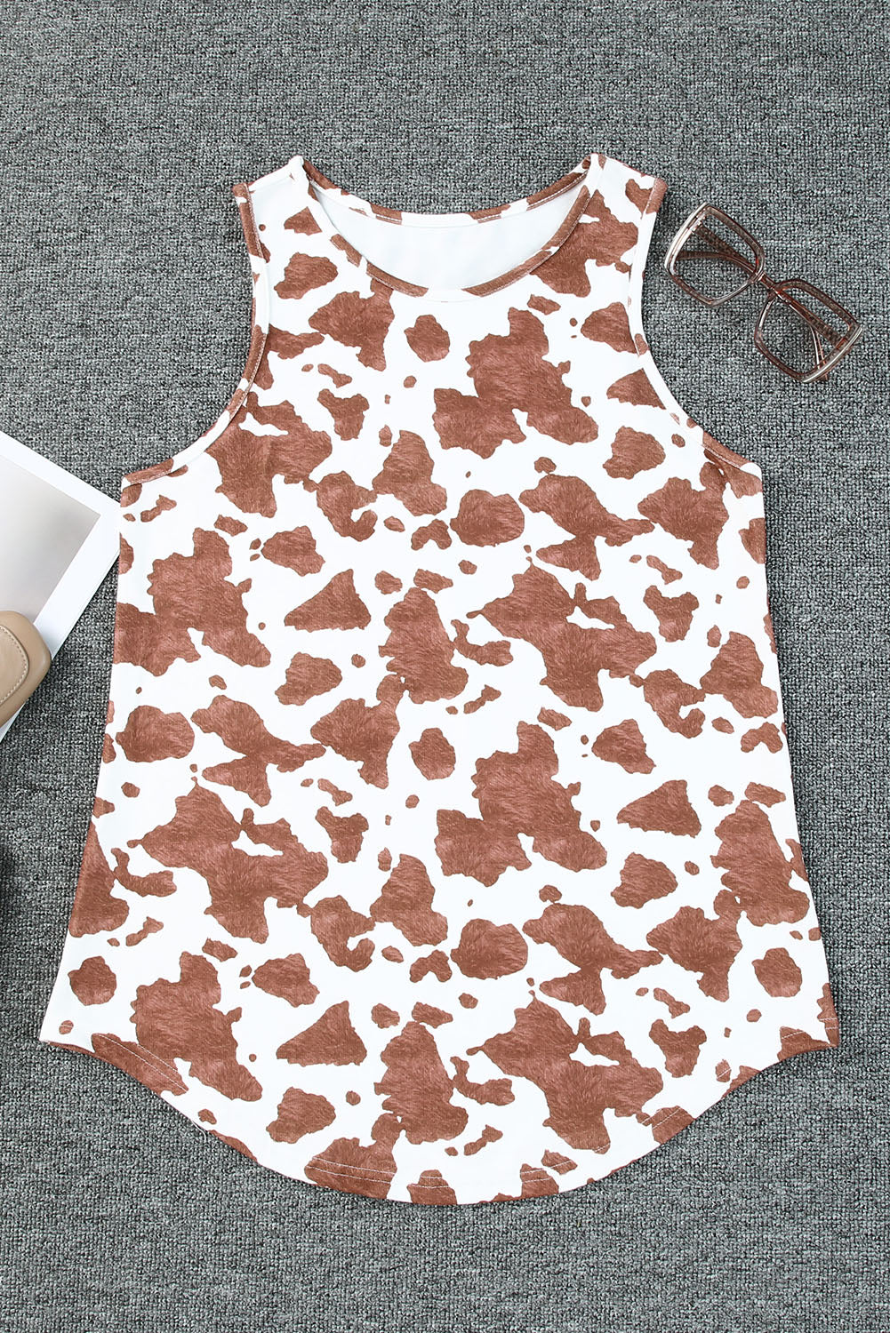 Brown Cow Print Crew Neck Tank Top Tank Tops JT's Designer Fashion