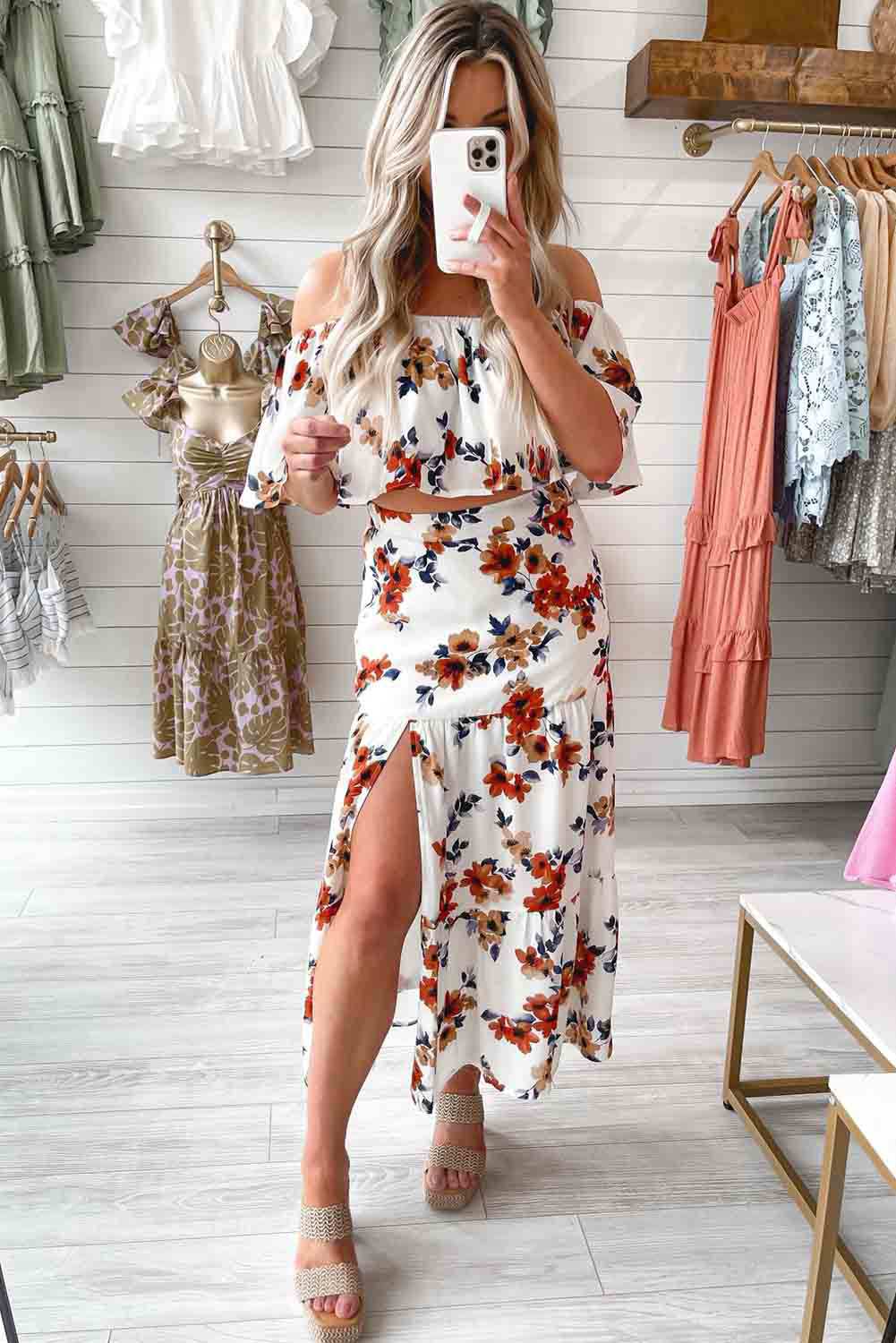 White Floral Print Off-shoulder Crop Top and Maxi Skirt Set Dresses JT's Designer Fashion