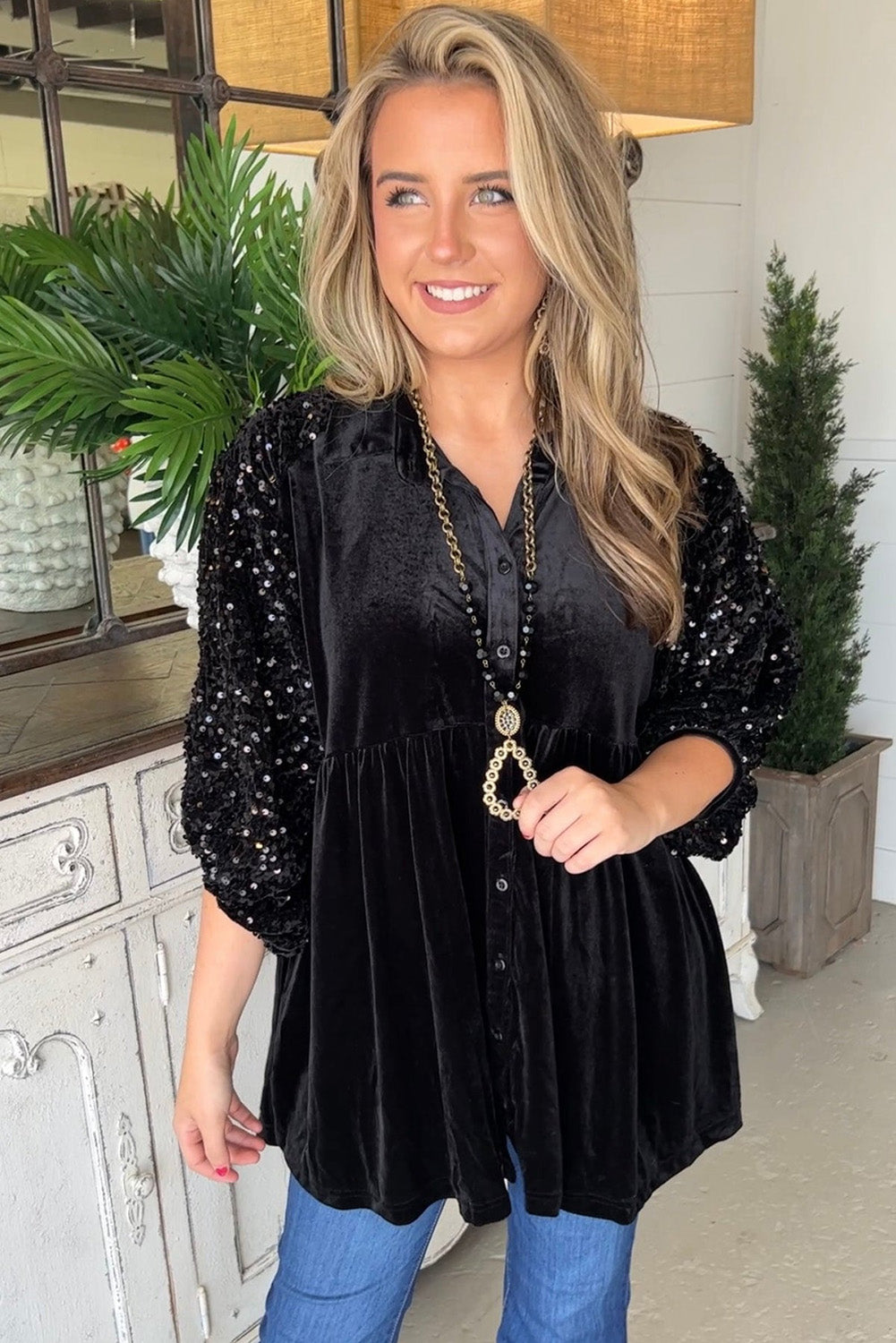 Black Sequin Puff Sleeve Buttoned Velvet Babydoll Blouse Tops & Tees JT's Designer Fashion