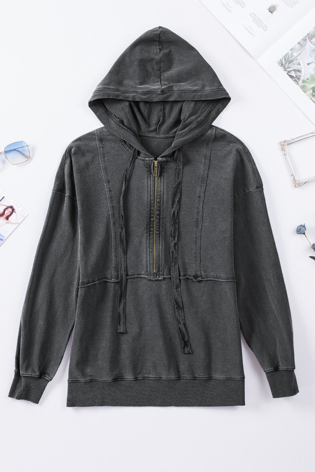 Gray Zipped Front Stitching Hooded Sweatshirt Sweatshirts & Hoodies JT's Designer Fashion