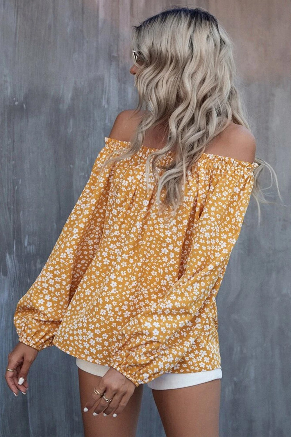 Yellow Floral Print Frill Trim Off-shoulder Lantern Sleeve Blouse Tops & Tees JT's Designer Fashion