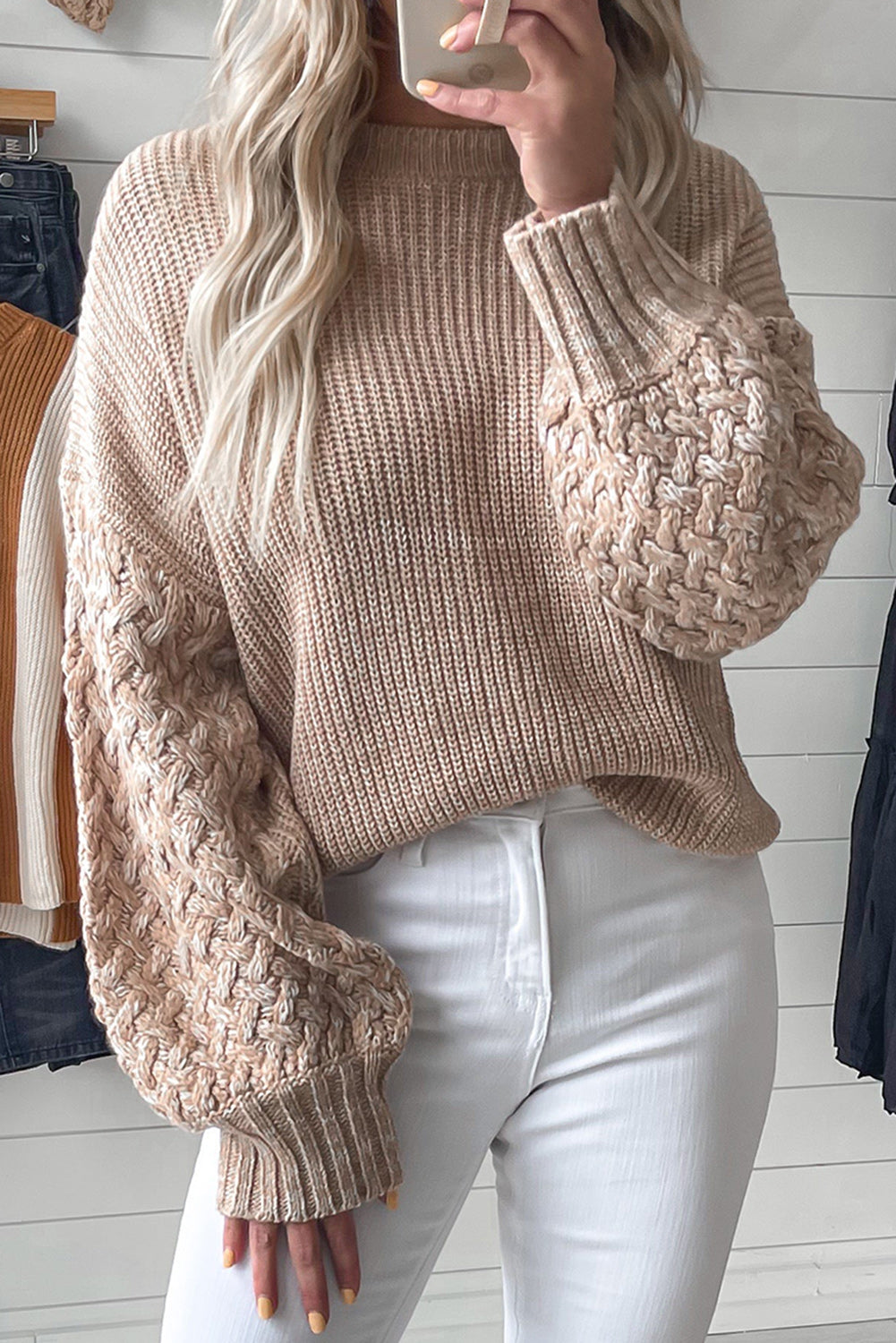 Parchment Cable Knit Sleeve Drop Shoulder Sweater Sweaters & Cardigans JT's Designer Fashion