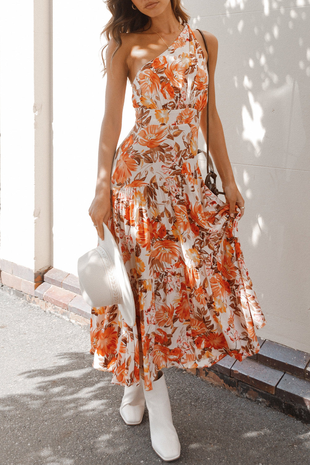 Orange Floral Print Pleated One Shoulder High Waist Maxi Dress Floral Dresses JT's Designer Fashion