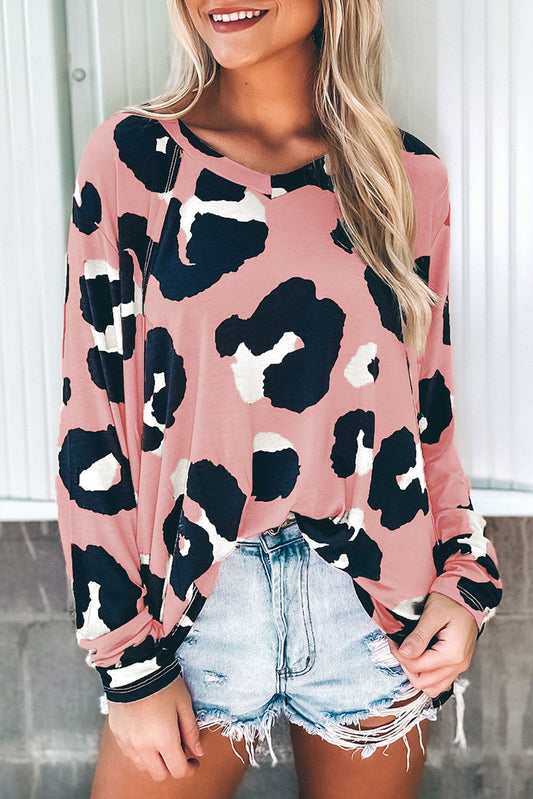 Pink Leopard Print Long Sleeve Loose Top Pink 95%Polyester+5%Elastane Long Sleeve Tops JT's Designer Fashion